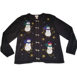 Crystal Kobe Snowman Skiing Ugly Christmas Cardigan Sweater Black Silver Medium